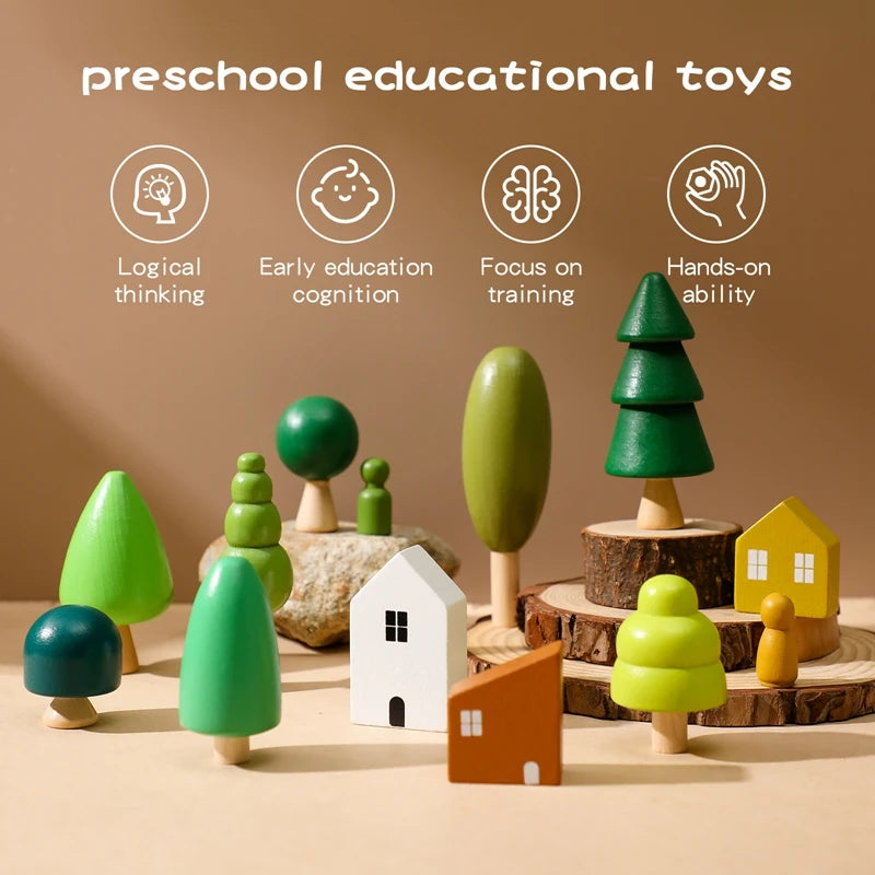 Montessori Education Wooden Building House Block Forest Ornaments Christmas Tree Toy